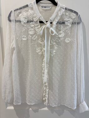 Zara Cream Sheer Embroidered Tie-Neck Blouse
